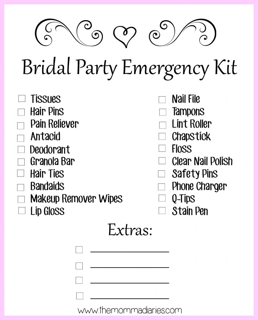 Bridal Party Emergency Kit, Bridal Party Printable Checklist, Wedding Day Emergency Kit